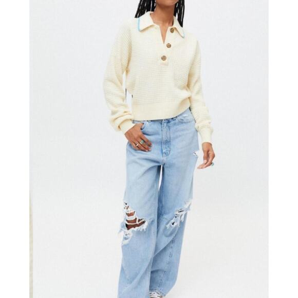 Women’s Size M BDG Zephyr Polo Sweater Cream Waffle Knit Collared Button - Picture 1 of 9